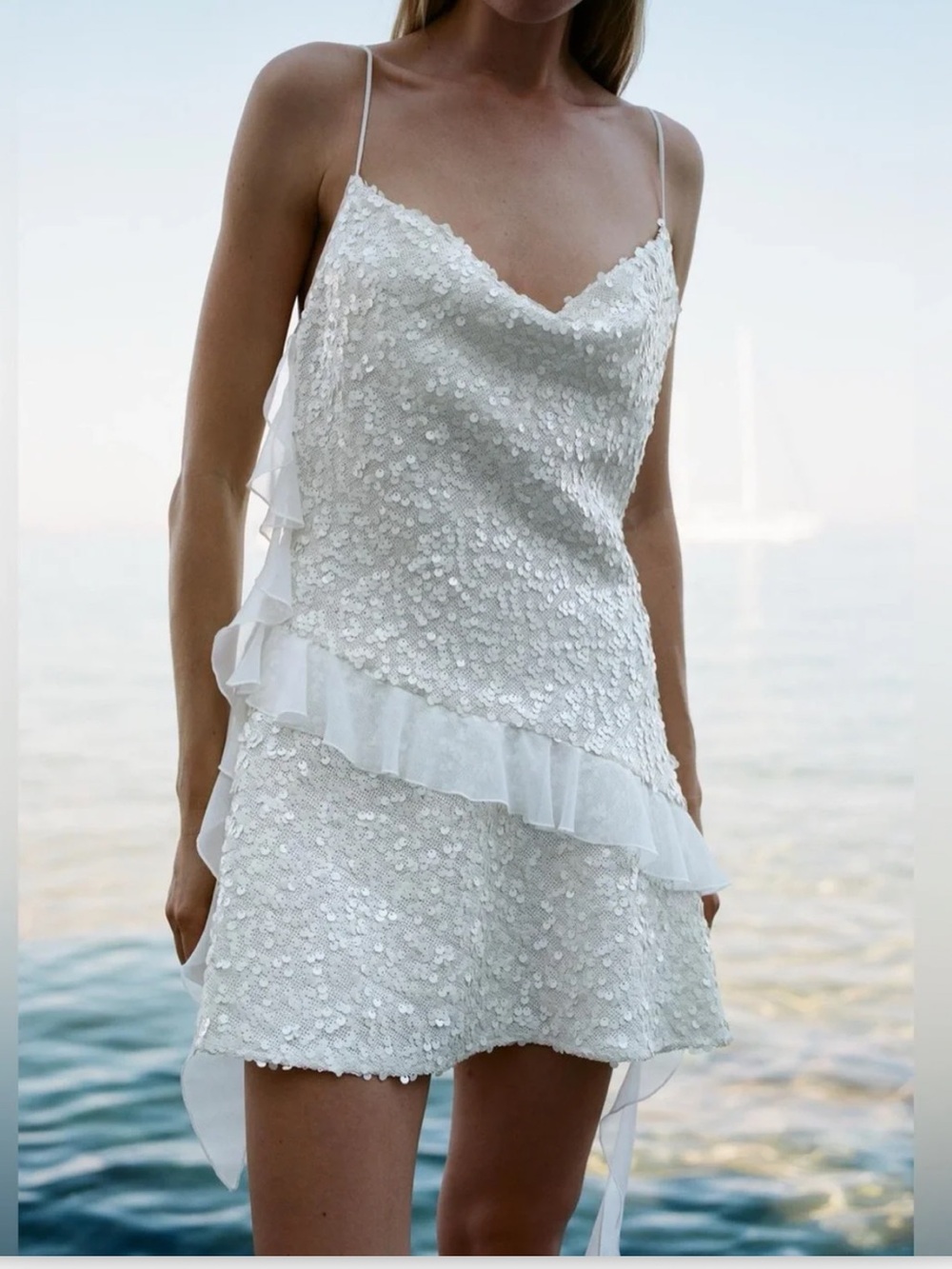Zara Sequined Ruffle Cowl Neck Slip Dress in Ivory Halter Size SMALL